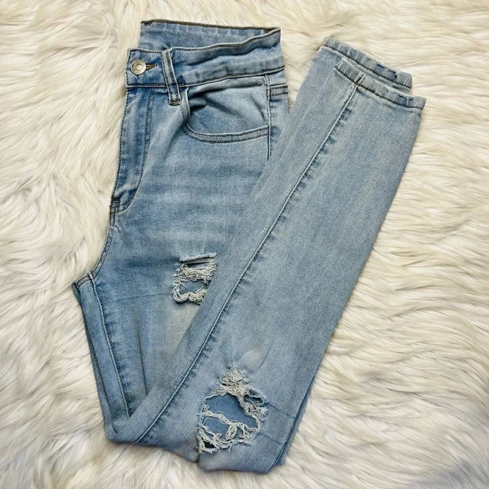 SHEIN distressed high rise skinny jeans light denim wash size small